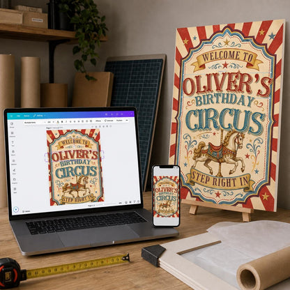 Vintage Circus Birthday Welcome Sign — print-ready birthday party design from VoltBy