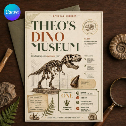 Vintage Dinosaur First Birthday Invitation — editable Canva template