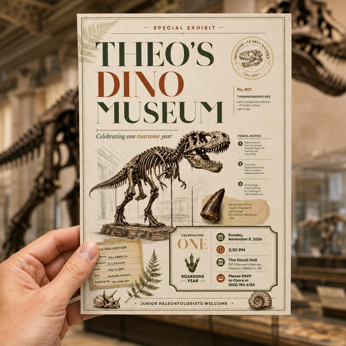 Vintage Dinosaur First Birthday Invitation — print-ready first birthday design from VoltBy