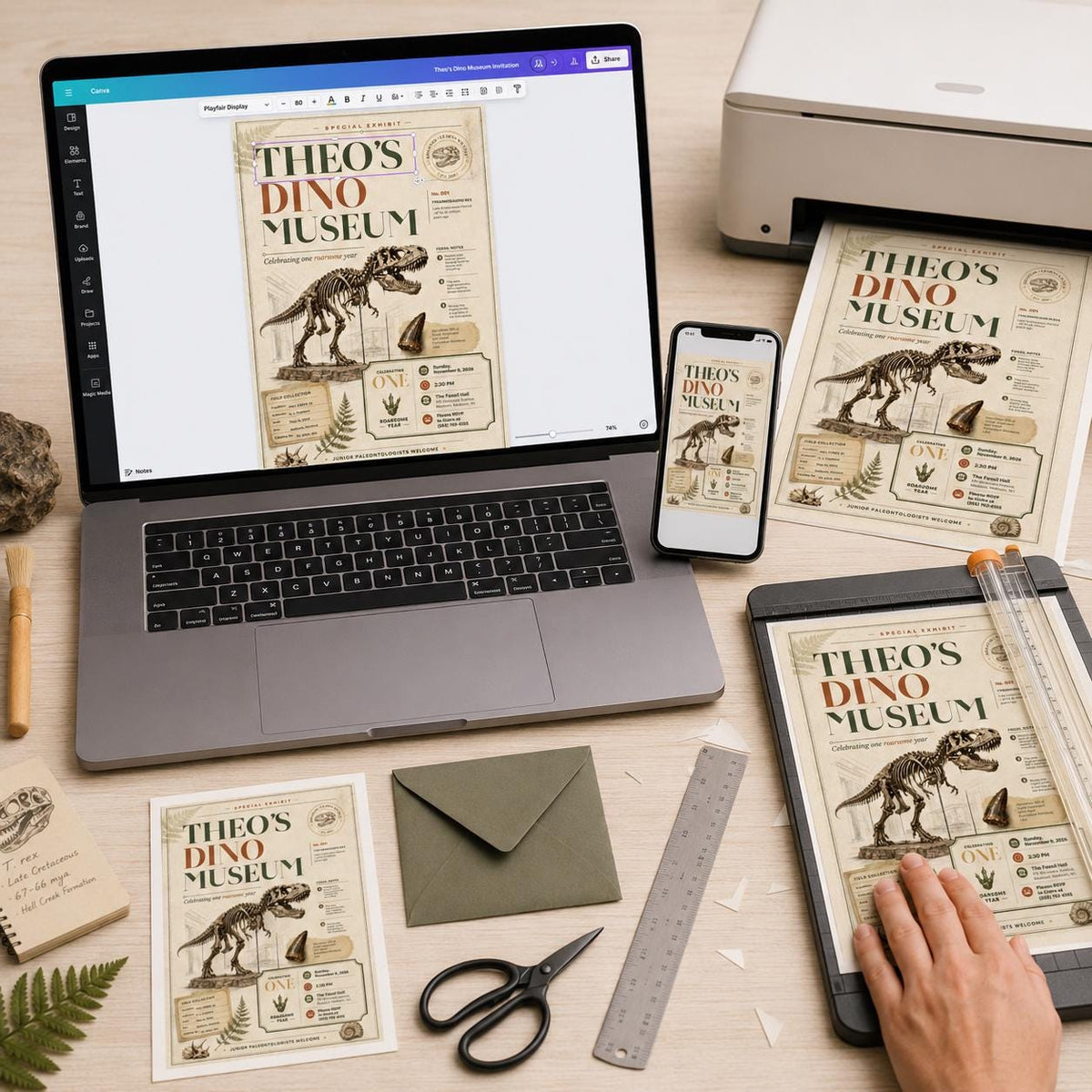 Vintage Dinosaur First Birthday Invitation — digital invitation, instant download