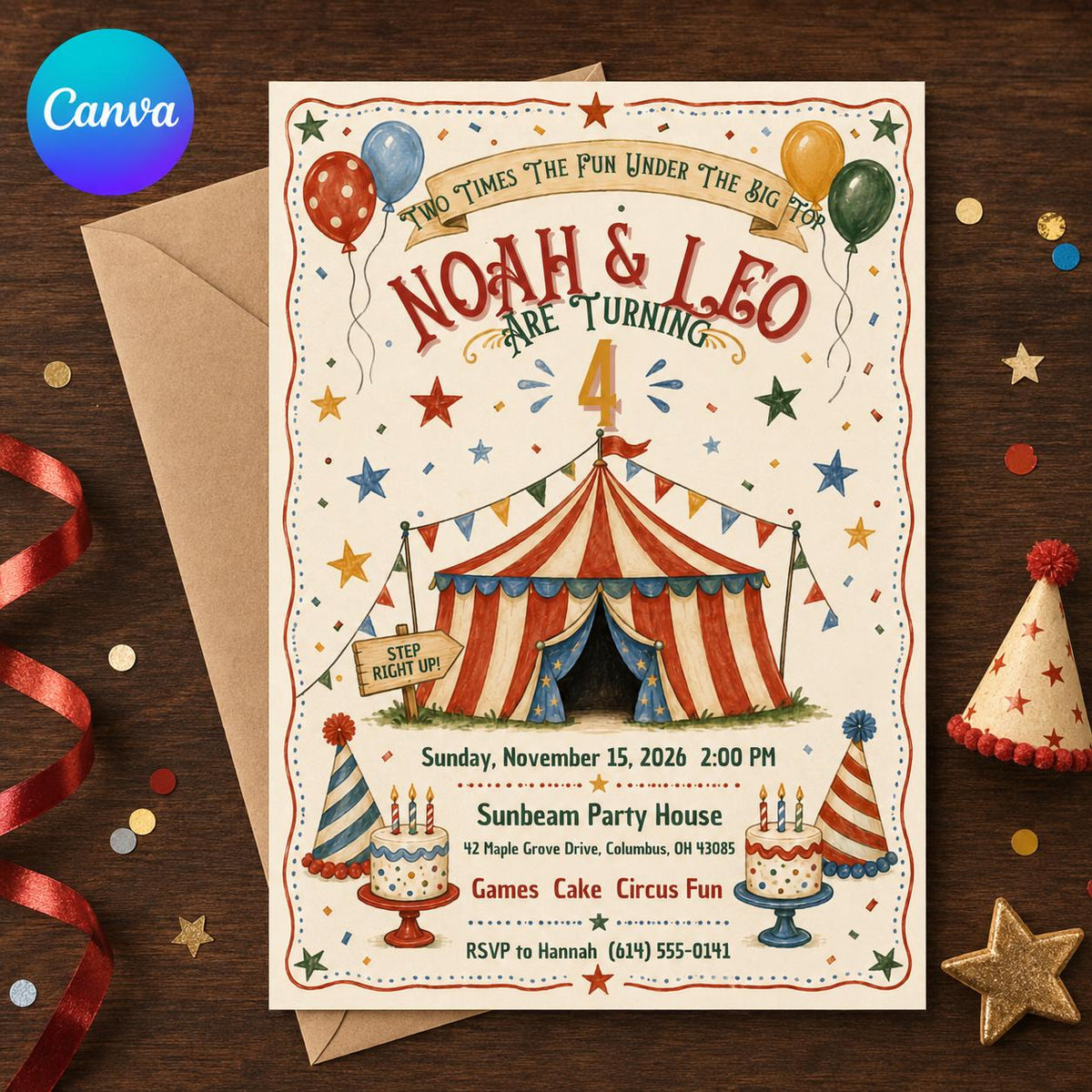 Vintage Double 4th Birthday Invitation — editable Canva template