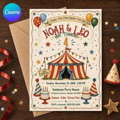 Vintage Double 4th Birthday Invitation — editable Canva template