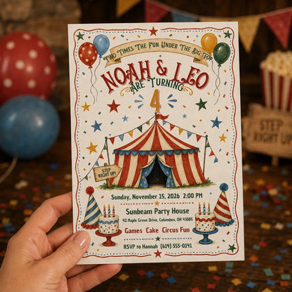 Vintage Double 4th Birthday Invitation — invitation you personalize in Canva