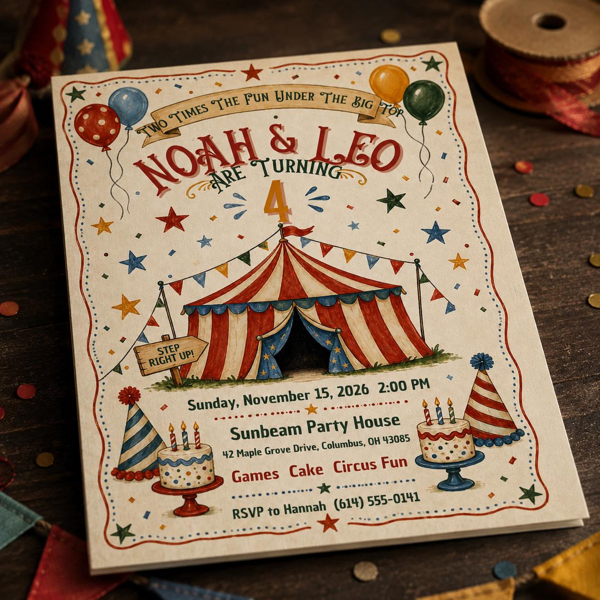 Vintage Double 4th Birthday Invitation — digital invitation, instant download