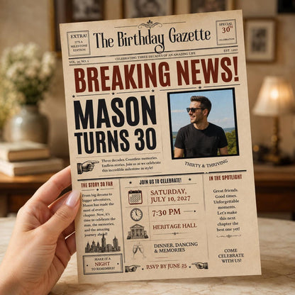 Vintage Editorial 30th Birthday Newspaper Invitation — invitation you personalize in Canva