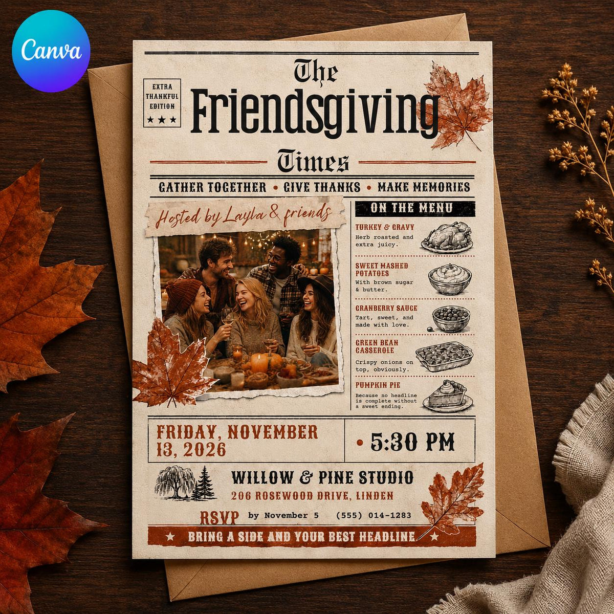 Vintage Editorial Friendsgiving Invitation — editable Canva template