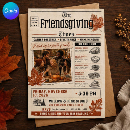 Vintage Editorial Friendsgiving Invitation — editable Canva template