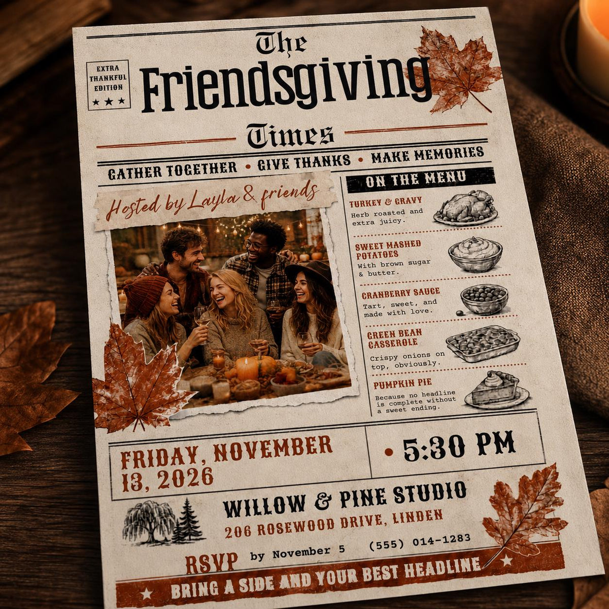 Vintage Editorial Friendsgiving Invitation — newspaper design