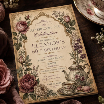 Vintage Elegant 60th Birthday Tea Party Invitation — floral design