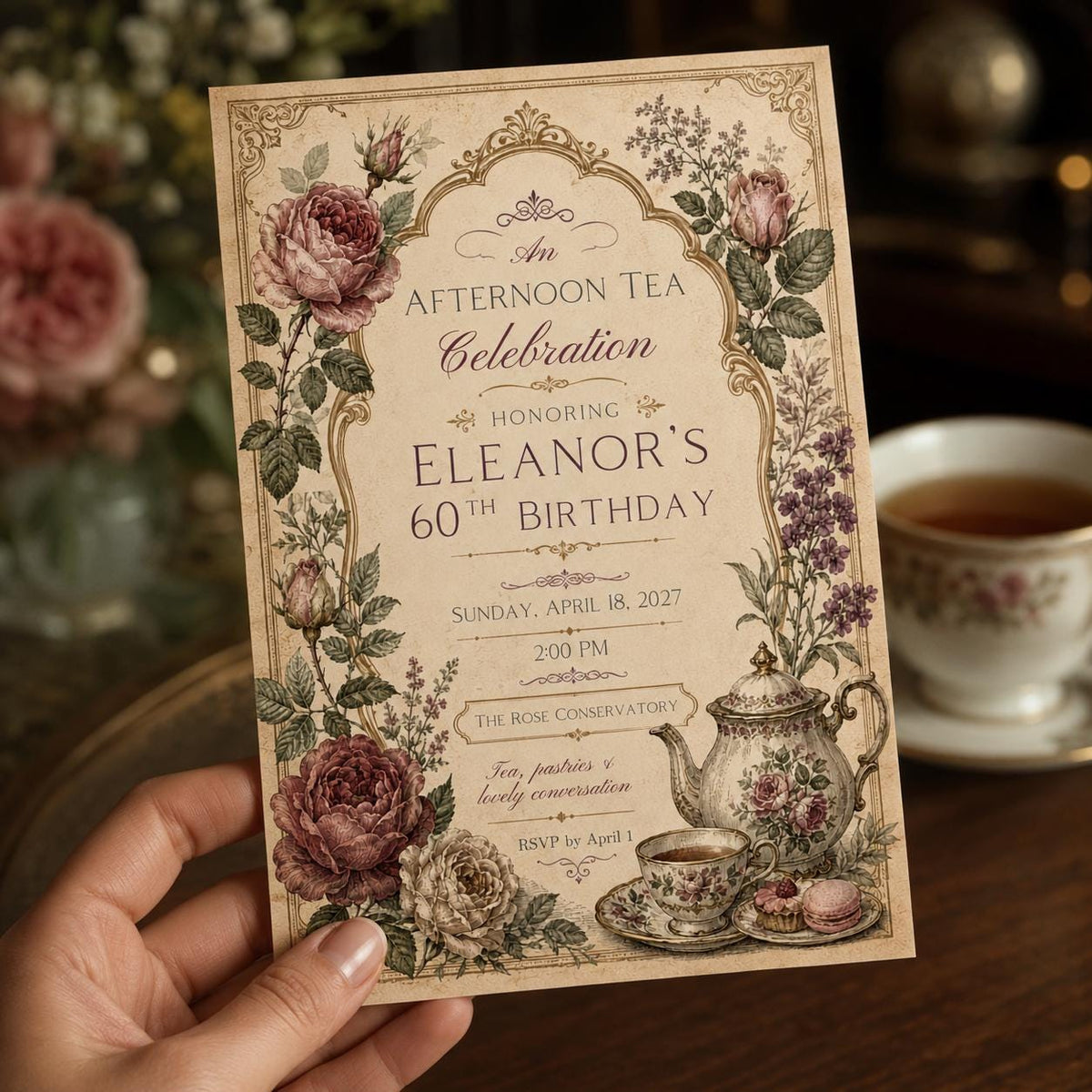 Vintage Elegant 60th Birthday Tea Party Invitation — invitation you personalize in Canva