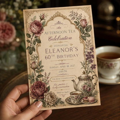 Vintage Elegant 60th Birthday Tea Party Invitation — invitation you personalize in Canva