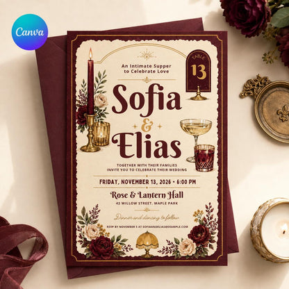 Vintage Elegant Burgundy Wedding Invitation — editable Canva template
