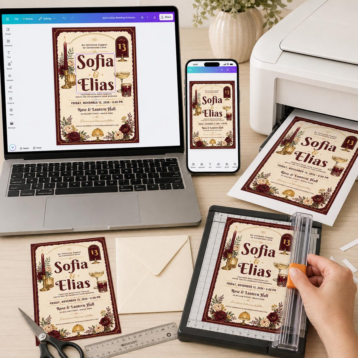 Vintage Elegant Burgundy Wedding Invitation — candle and floral design