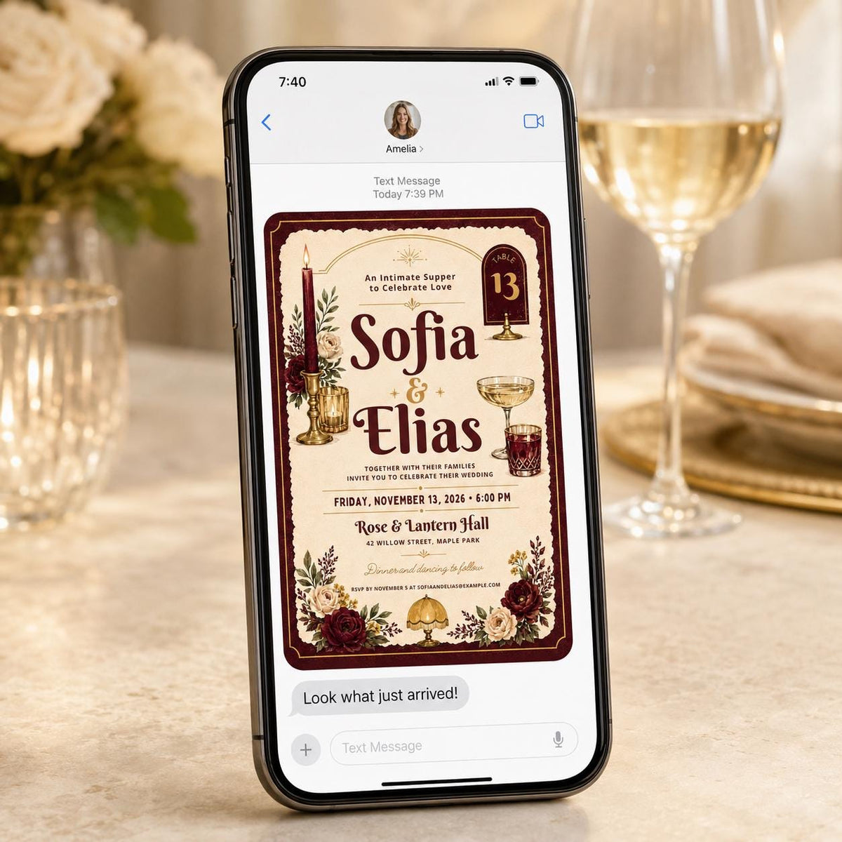 Vintage Elegant Burgundy Wedding Invitation — digital invitation, instant download