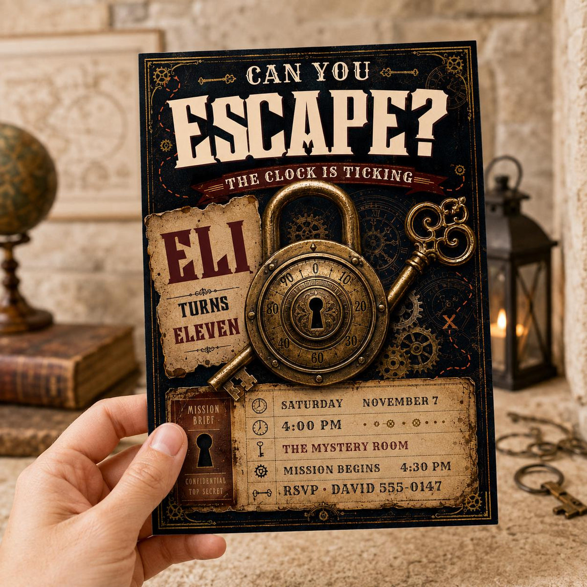 Vintage Escape Room 11th Birthday Invitation — invitation you personalize in Canva