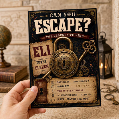 Vintage Escape Room 11th Birthday Invitation — invitation you personalize in Canva