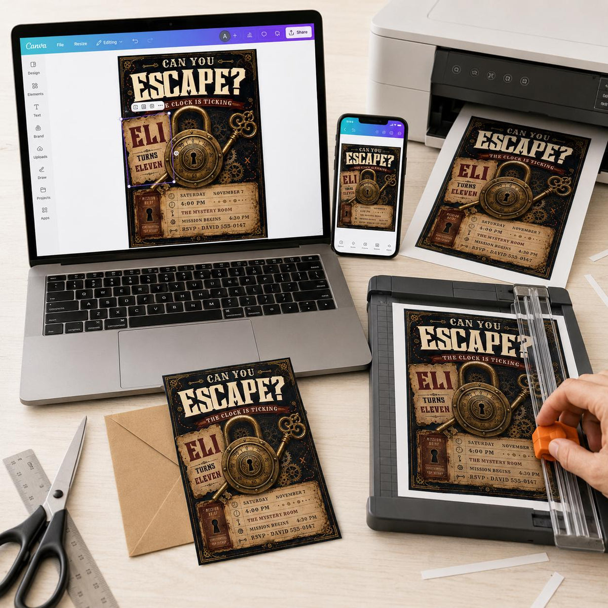 Vintage Escape Room 11th Birthday Invitation — print-ready 11th birthday party design from VoltBy