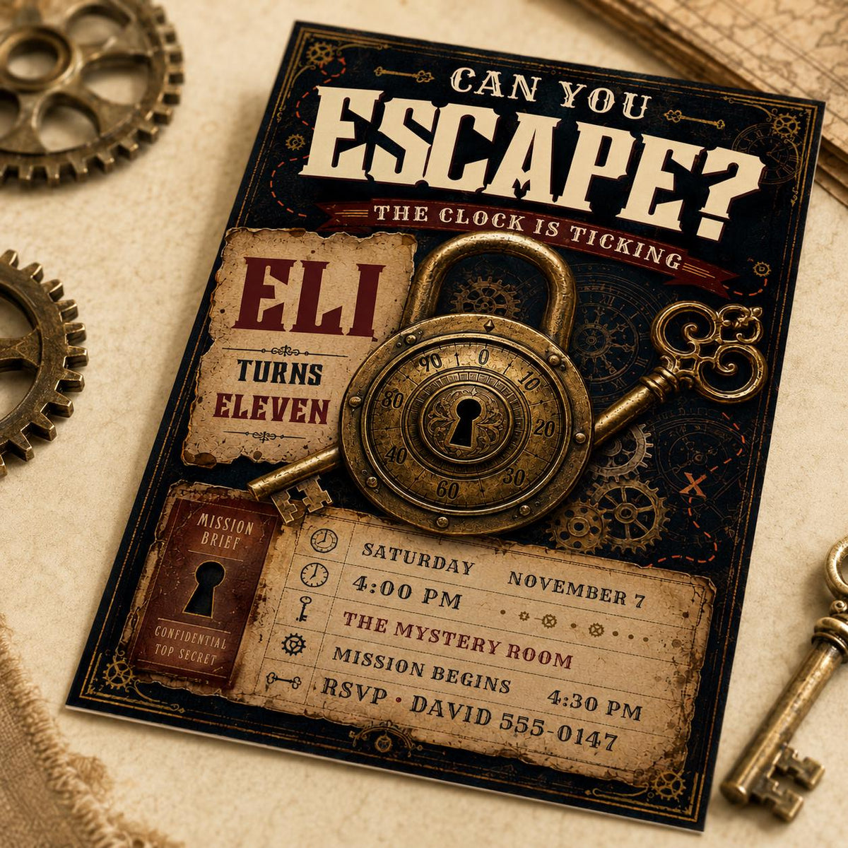 Vintage Escape Room 11th Birthday Invitation — digital invitation, instant download