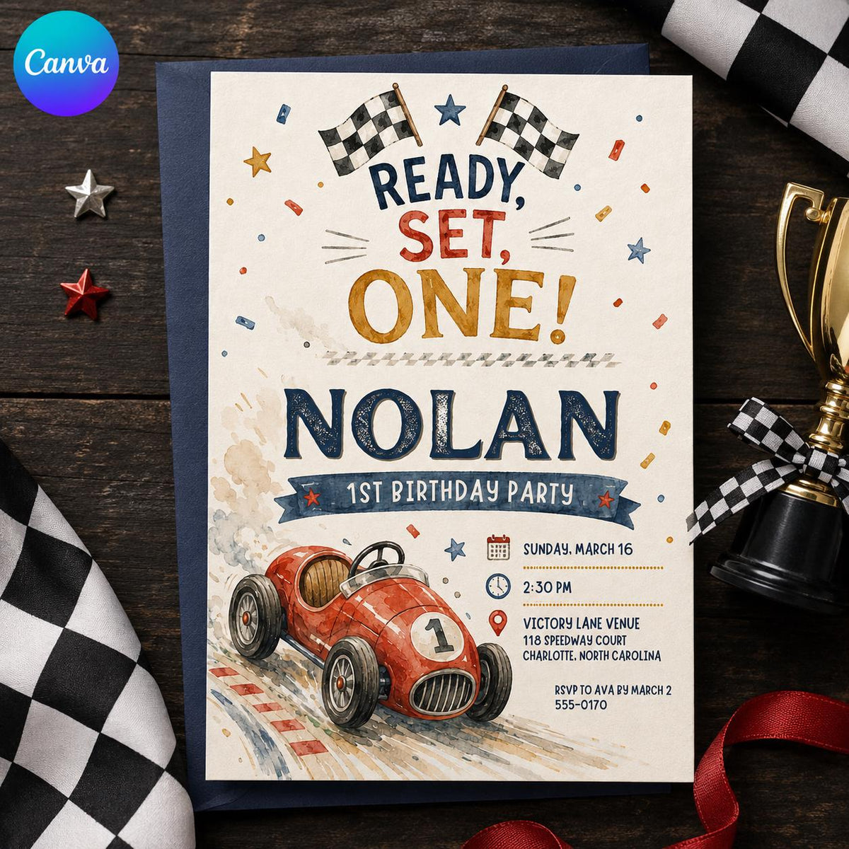 Vintage First Birthday Race Car Invitation — editable Canva template