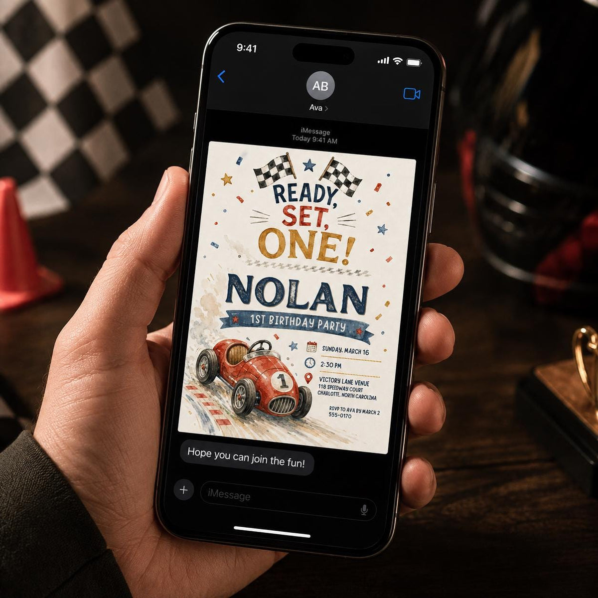 Vintage First Birthday Race Car Invitation — invitation you personalize in Canva