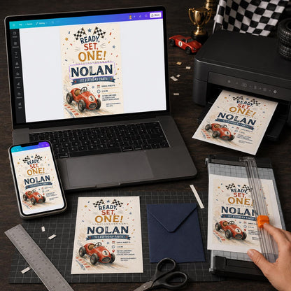 Vintage First Birthday Race Car Invitation — digital invitation, instant download