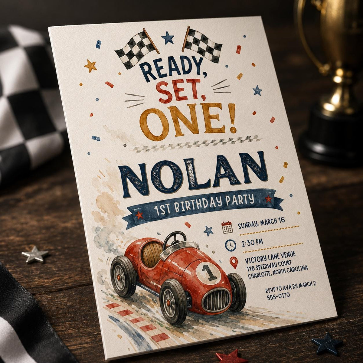 Vintage First Birthday Race Car Invitation — first birthday stationery by VoltBy