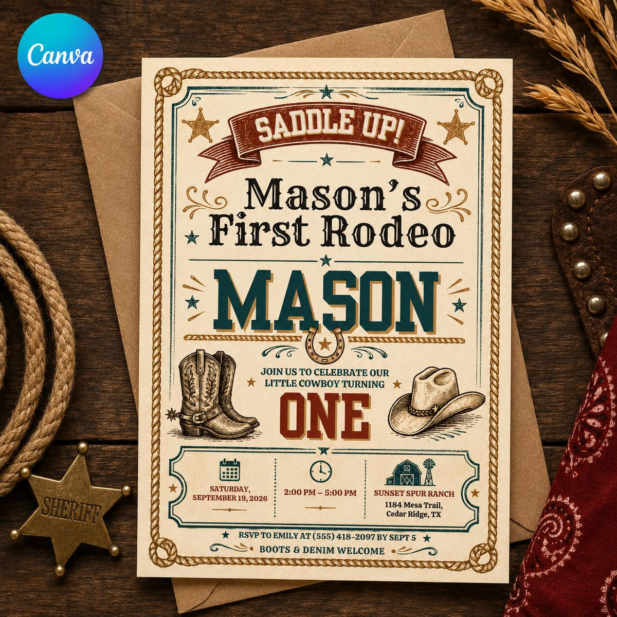 Vintage First Rodeo Birthday Invitation — editable Canva template