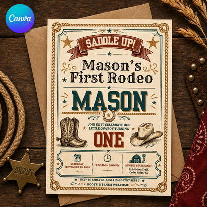 Vintage First Rodeo Birthday Invitation — editable Canva template