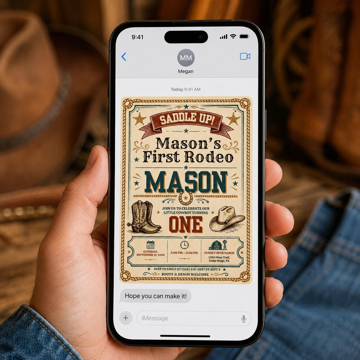 Vintage First Rodeo Birthday Invitation — cowboy design