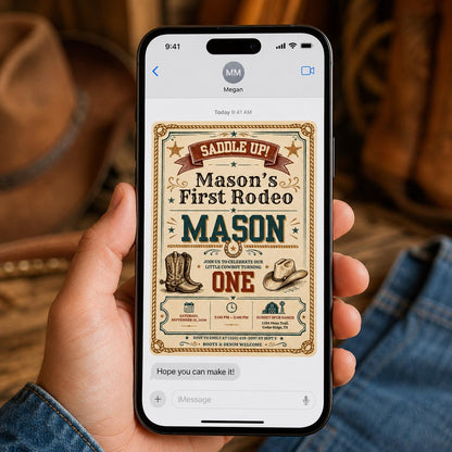 Vintage First Rodeo Birthday Invitation — cowboy design