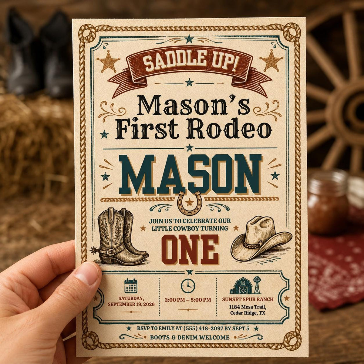 Vintage First Rodeo Birthday Invitation — invitation you personalize in Canva