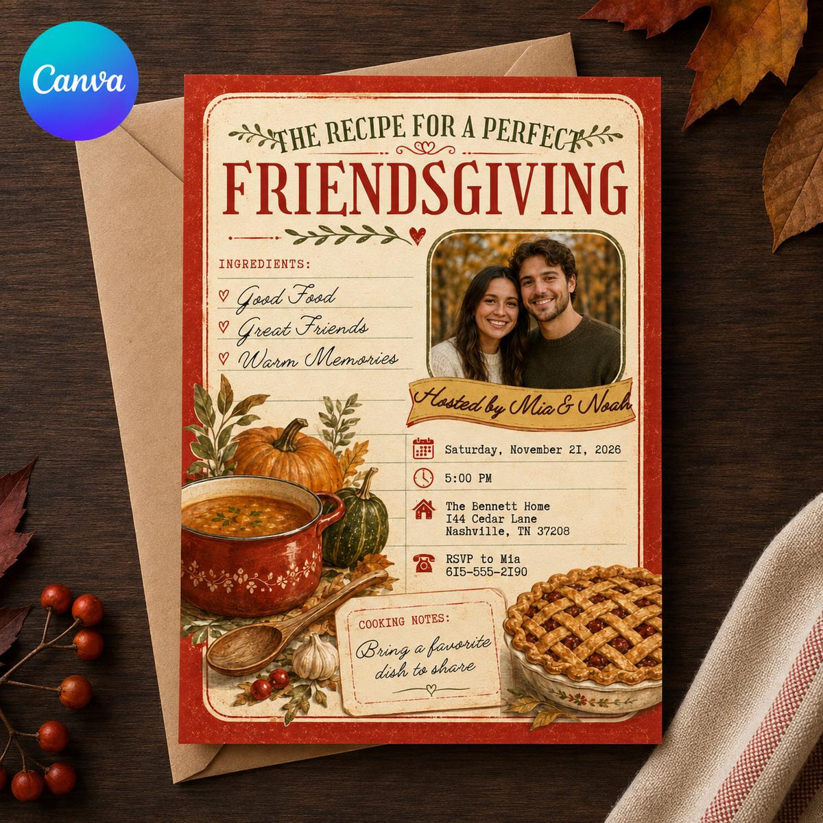 Vintage Friendsgiving Invitation — editable Canva template