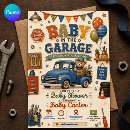 Vintage Garage Baby Shower Invitation — editable Canva template