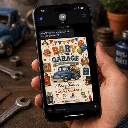 Vintage Garage Baby Shower Invitation — invitation you personalize in Canva
