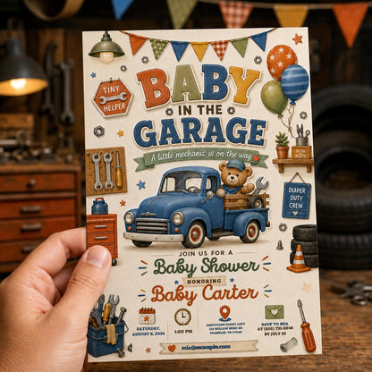 Vintage Garage Baby Shower Invitation — print-ready baby shower design from VoltBy