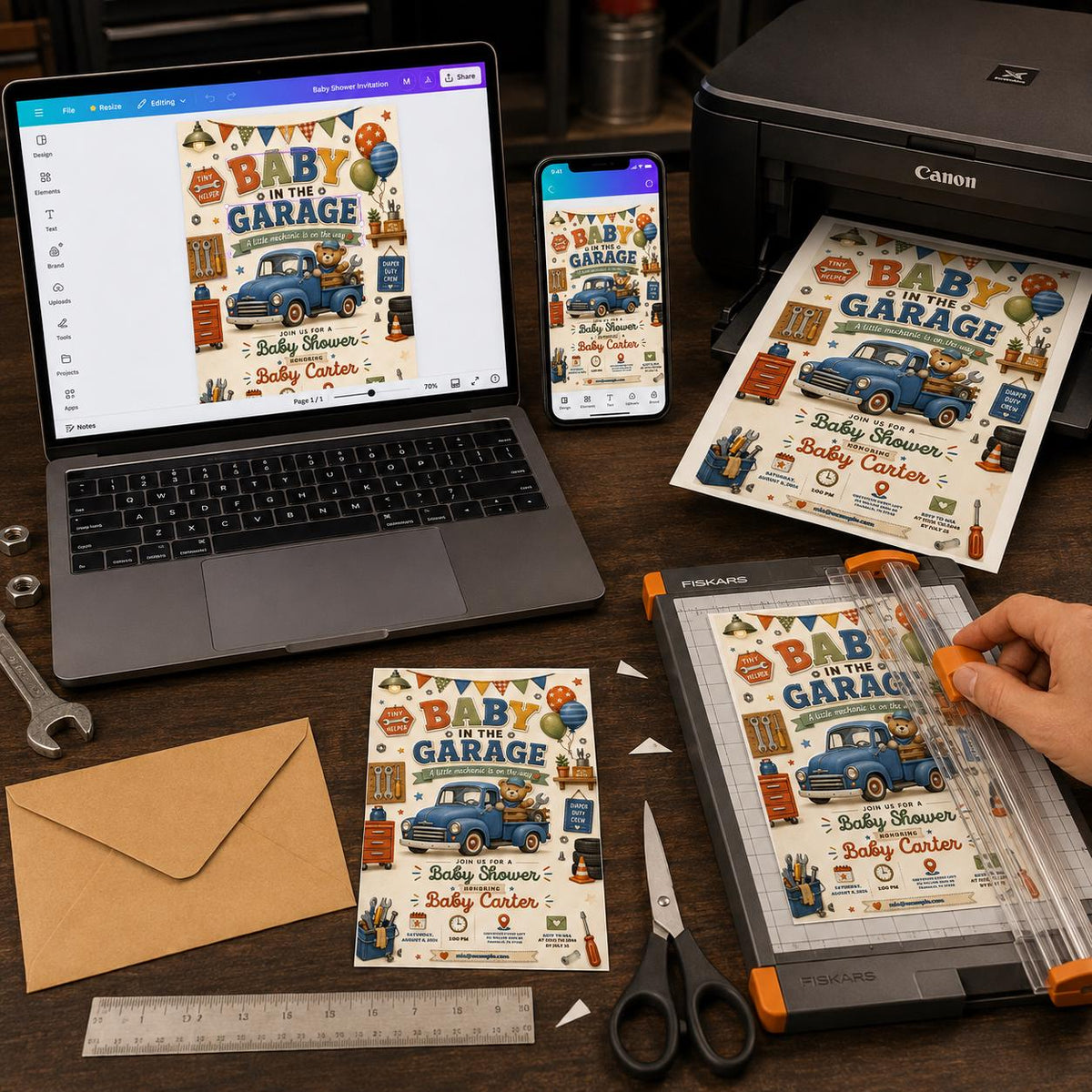 Vintage Garage Baby Shower Invitation — digital invitation, instant download