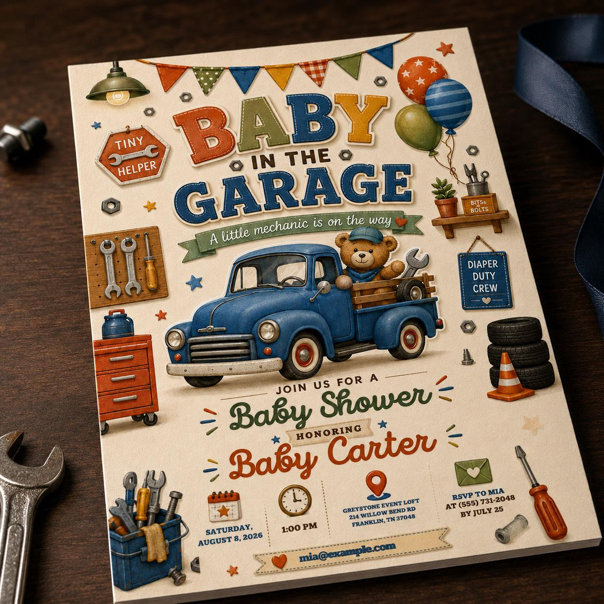Vintage Garage Baby Shower Invitation — baby shower stationery by VoltBy