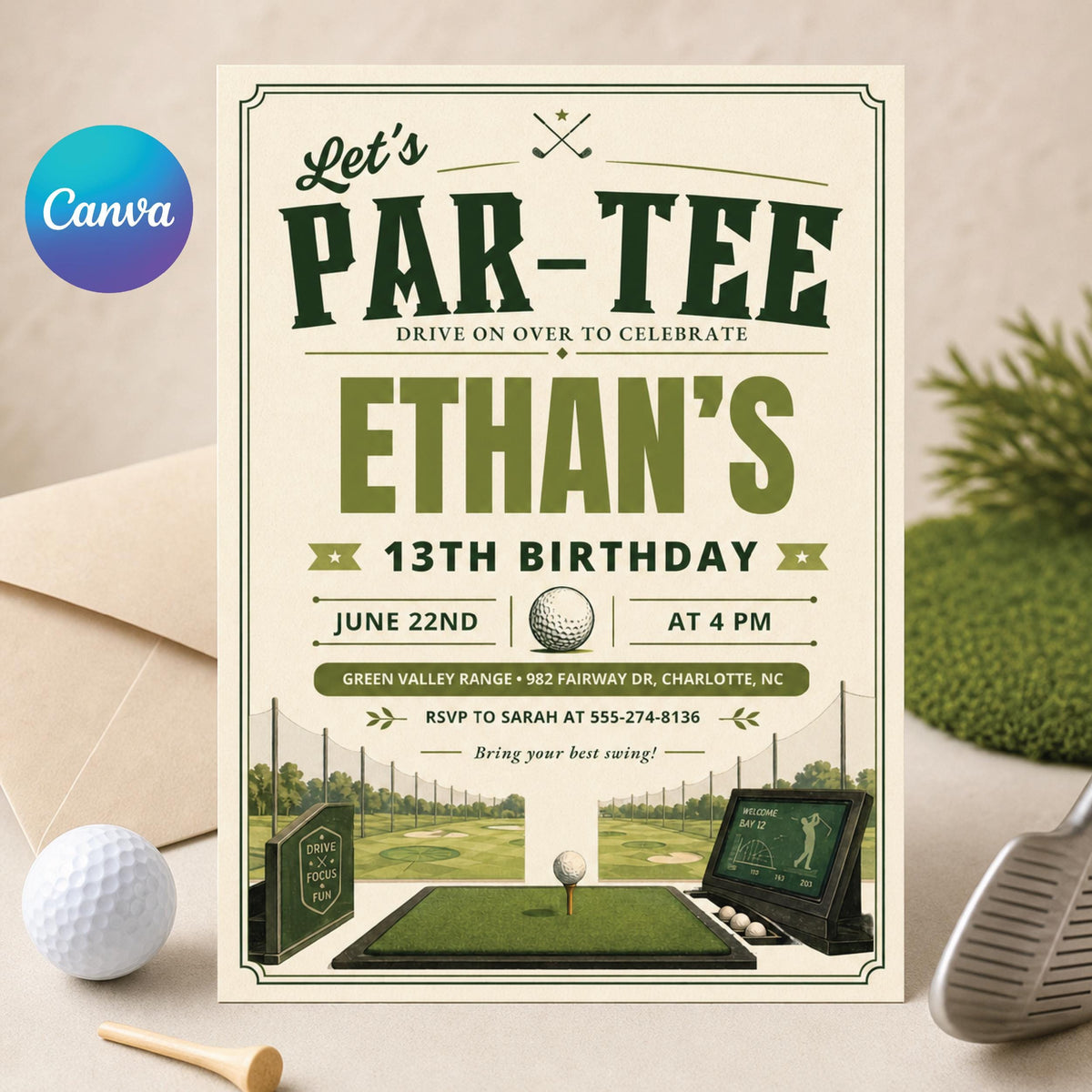 Vintage Golf Par-Tee 13th Birthday Invitation — editable Canva template