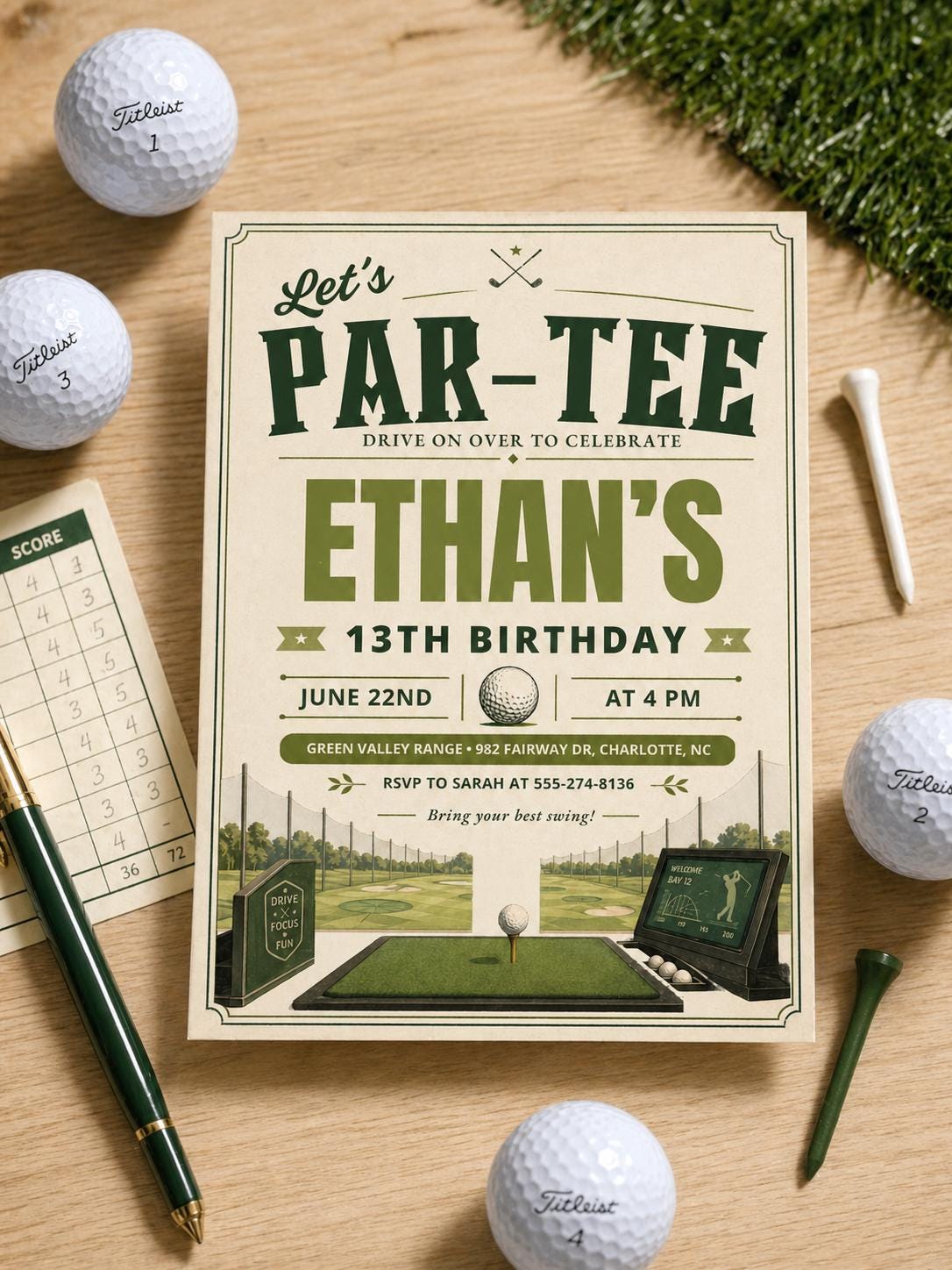 Vintage Golf Par-Tee 13th Birthday Invitation in cream and green