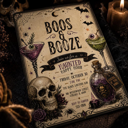 Vintage Gothic Boos and Booze Halloween Invitation — invitation you personalize in Canva