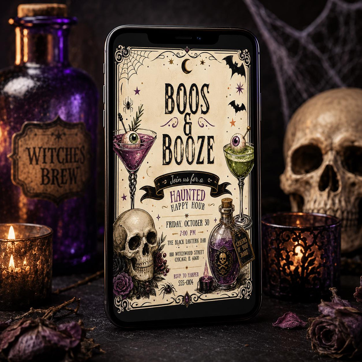 Vintage Gothic Boos and Booze Halloween Invitation — print-ready Halloween party design from VoltBy