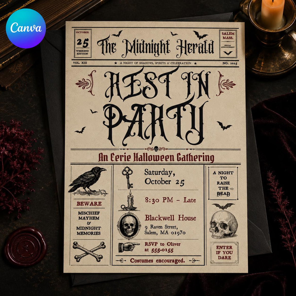 Vintage Gothic Halloween Newspaper Invitation — editable Canva template