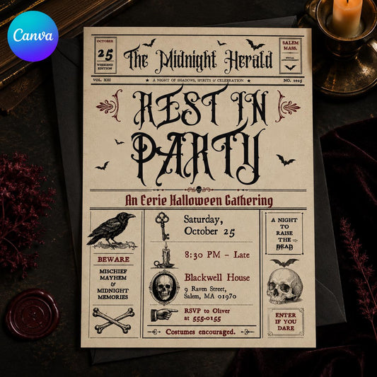 Vintage Gothic Halloween Newspaper Invitation — editable Canva template