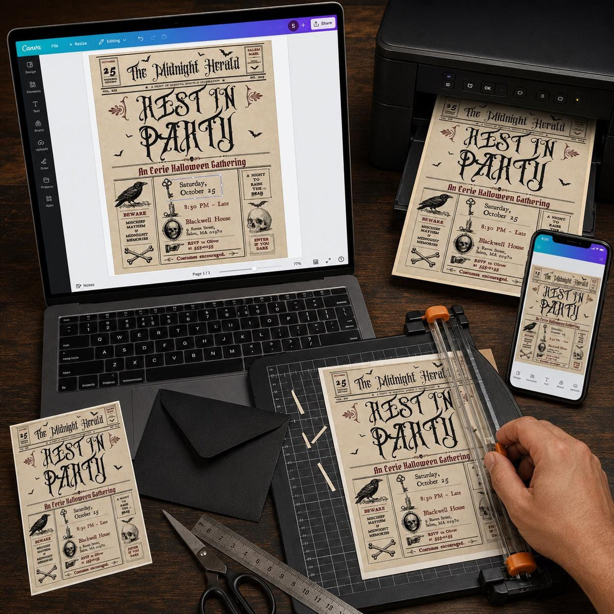 Vintage Gothic Halloween Newspaper Invitation — invitation you personalize in Canva