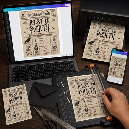 Vintage Gothic Halloween Newspaper Invitation — invitation you personalize in Canva