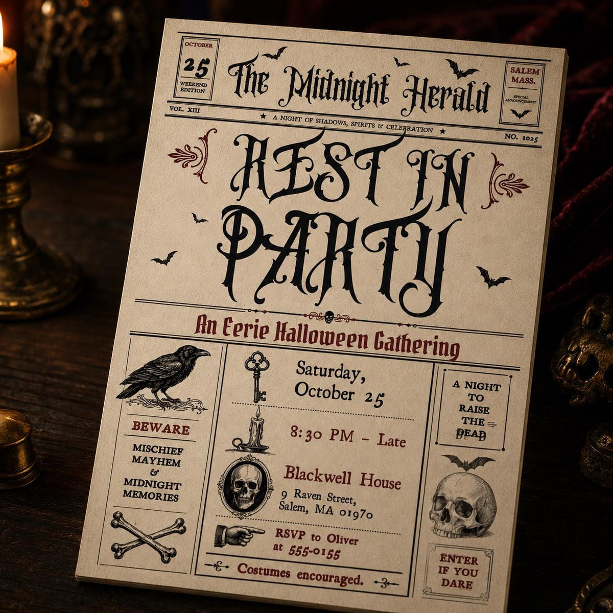 Vintage Gothic Halloween Newspaper Invitation — editorial Halloween party design