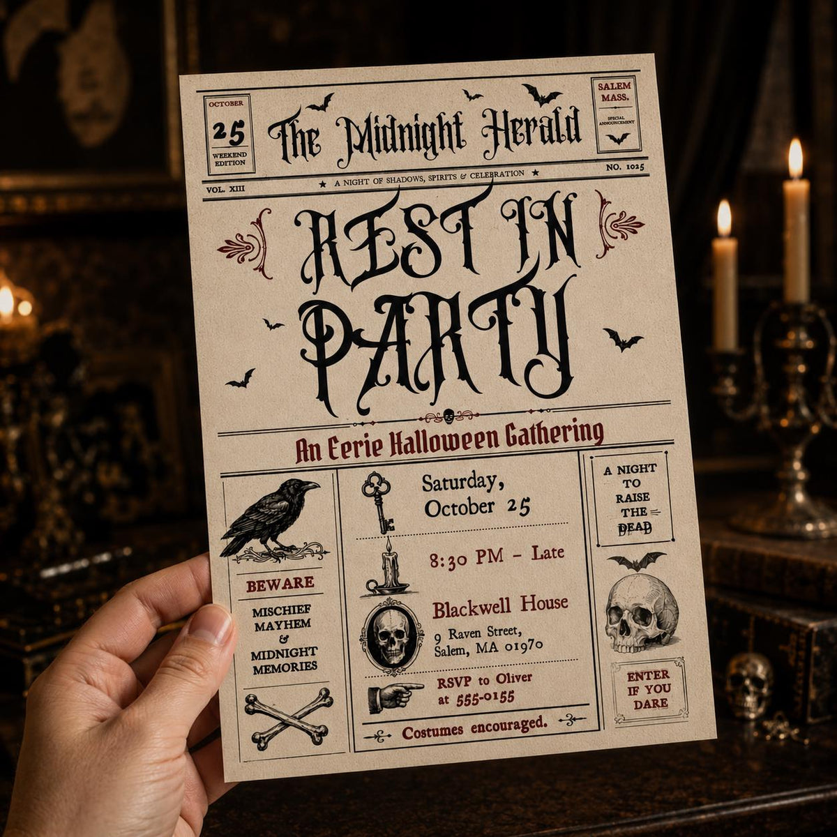 Vintage Gothic Halloween Newspaper Invitation — digital invitation, instant download
