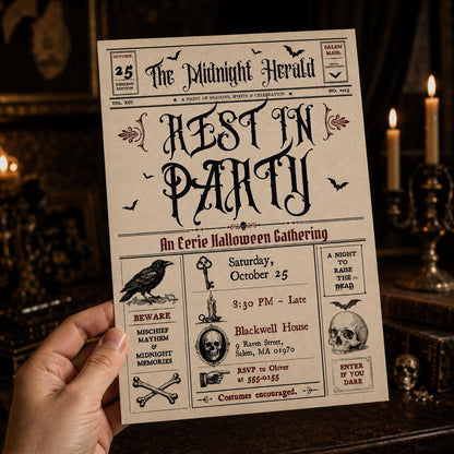 Vintage Gothic Halloween Newspaper Invitation — digital invitation, instant download