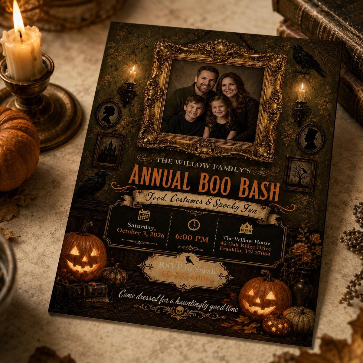 Vintage Gothic Halloween Party Invitation: Family Photo Boo Bash — invitation you personalize in Canva