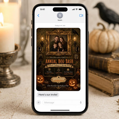 Vintage Gothic Halloween Party Invitation: Family Photo Boo Bash — print-ready Halloween party design from VoltBy